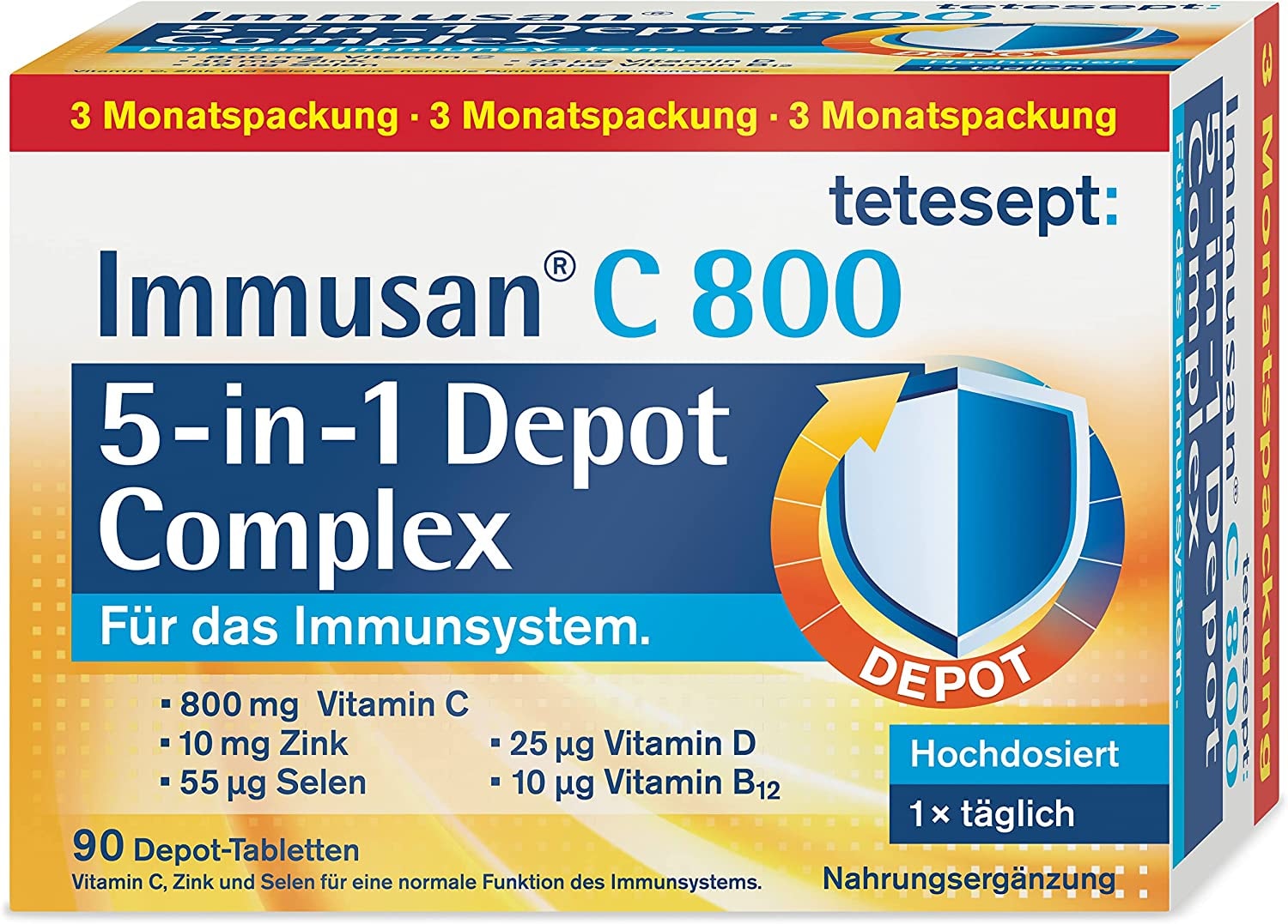 Produktbild von tetesept Immusan C 800 5-in-1 Depot Multivitamin Complex für das Immunsystem Nahrungsergänzungsmittel mit Vitamin C, D, B12, Zink und Selen 1 x 90 Tabletten 3 Monatspackung