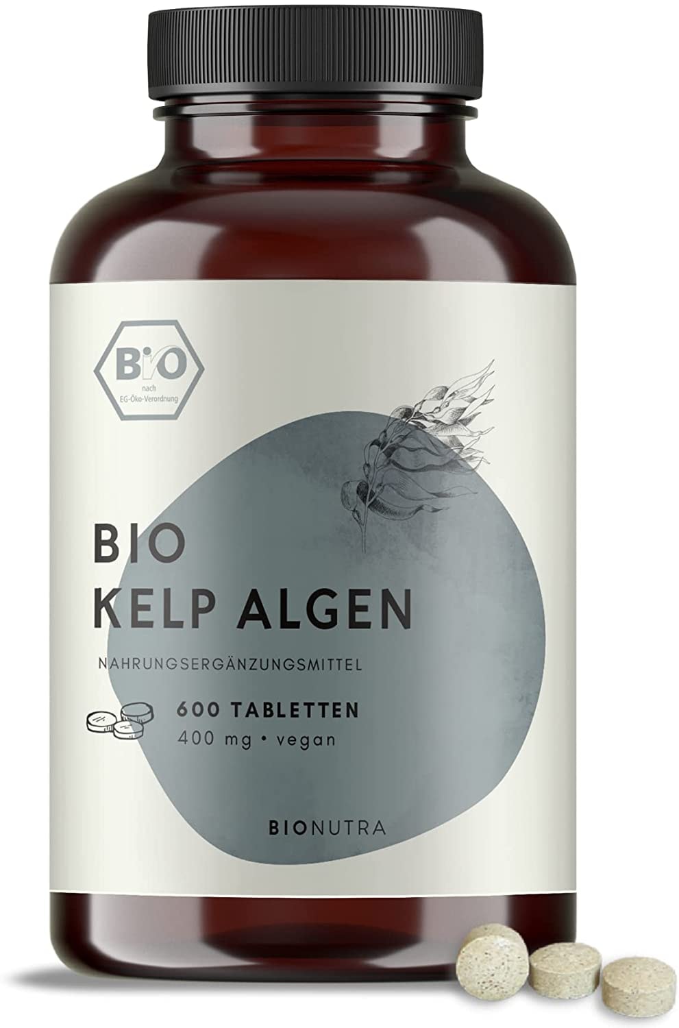 Produktbild von BIONUTRA Jod Tabletten aus Bio Kelp Braunalgen (600 x 400 mg), 300 µg natürliches Jod pro Tagesdosis, hochdosiert, deutsche Herstellung, 10-Monatspackung, vegan, kontrolliert biologisch