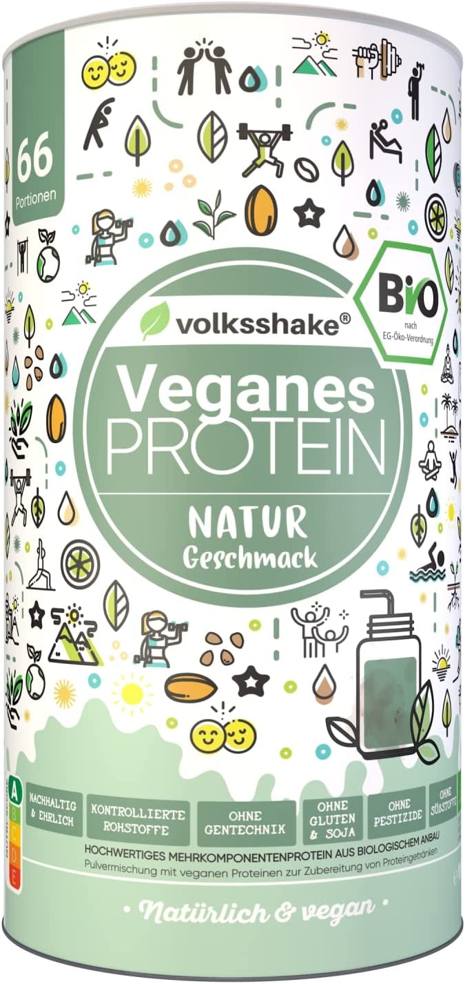 Volksshake VEGANES PROTEIN NATUR BIO Reis, Hanf, Chia, Sonnenblumen, Kürbiskernprotein, cremig & geschmacksneutral, soja- & glutenfrei, Volksshake - vom Bodensee, 1kg, DE-ÖKO-006