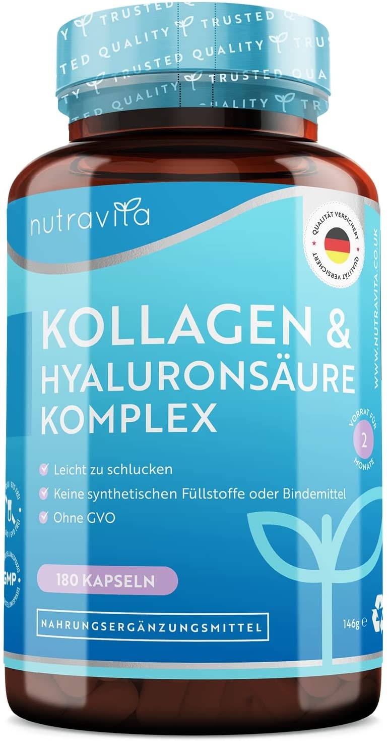 Produktbild von nutravita Hyaluronsäure Kollagen Hochdosiert Komplex 180 Kapseln Mit 7 zugesetzten Vitaminen Biotin, Vitamin C & Selen und mehr - Laborgeprüft ohne Zusätze - In Deutschland Hergestellt von Nutravita