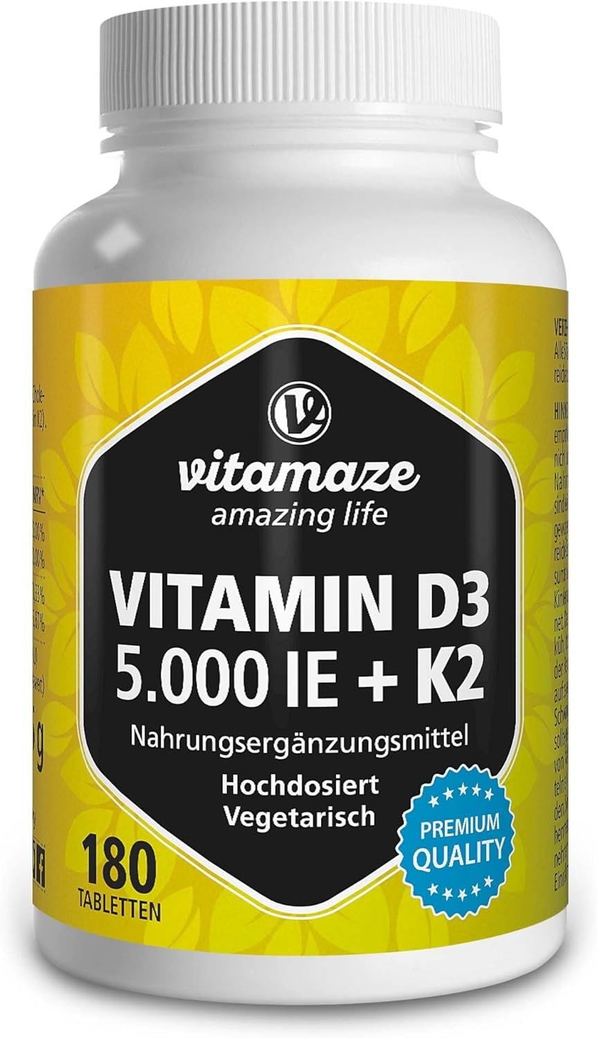 Produktbild von Bewertung Vitamaze Vitamin D3 K2 hochdosiert 180 Tabletten 5000 IE Vitamin D3 100 mcg Vitamin K2 Depot ohne unnötige Zusatzstoffe hohe Bioverfügbarkeit in Deutschland hergestellt