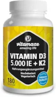 Produktbild von Bewertung Vitamaze Vitamin D3 K2 hochdosiert 180 Tabletten 5000 IE Vitamin D3 100 mcg Vitamin K2 Depot ohne unnötige Zusatzstoffe hohe Bioverfügbarkeit in Deutschland hergestellt