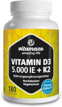 Produktbild von Bewertung Vitamaze Vitamin D3 K2 hochdosiert 180 Tabletten 5000 IE Vitamin D3 100 mcg Vitamin K2 Depot ohne unnötige Zusatzstoffe hohe Bioverfügbarkeit in Deutschland hergestellt