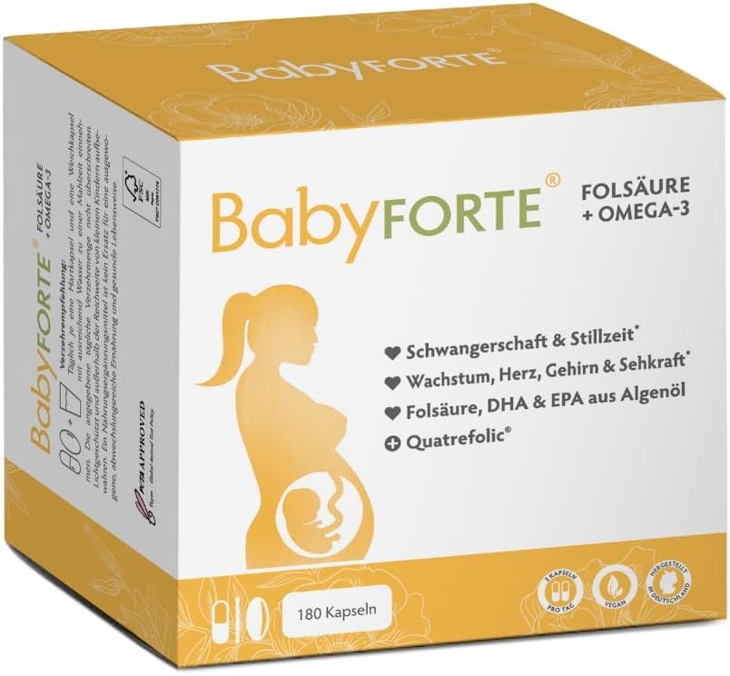 Produktbild von Bewertung BabyFORTE Folsäure Omega-3 Algenöl vegan Trimesterbox 180 Kapseln 18 Schwangerschaftsvitamine Quatrefolic® Magnesium Jod DHA EPA Schwangerschaft Stillzeit