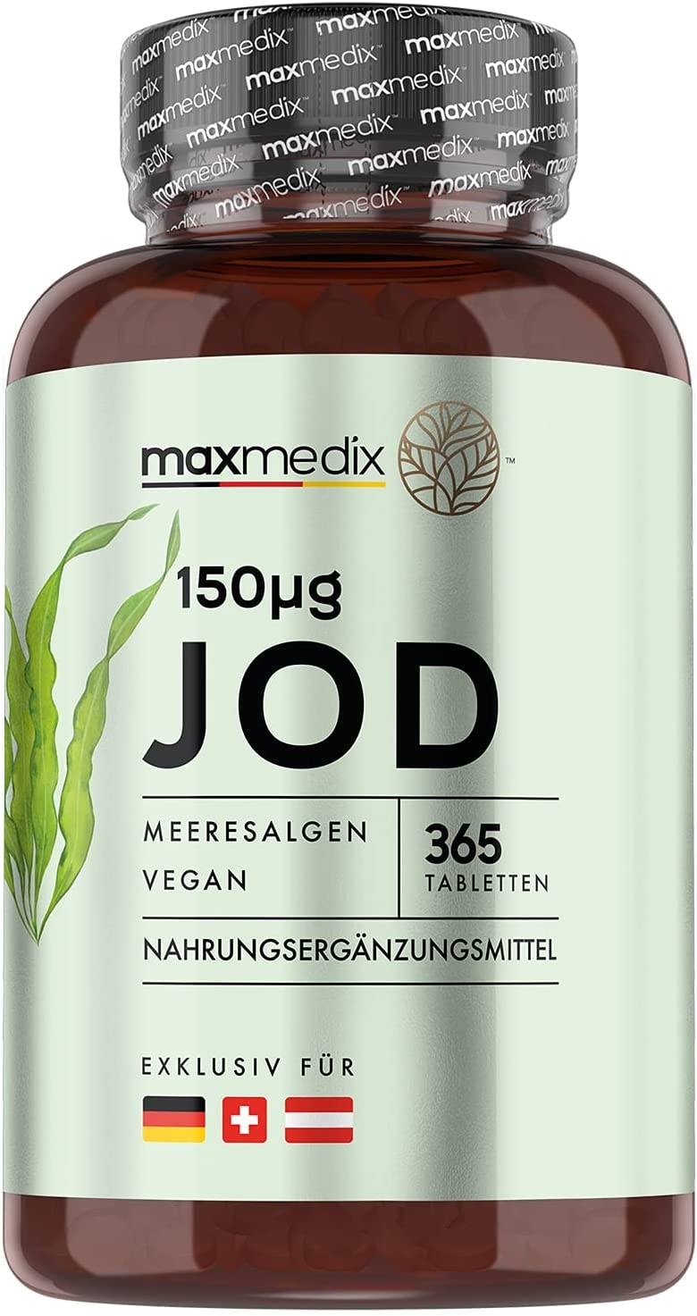MaxMedix Jod Tabletten 150µg 365 Kelp Tabletten als Jahresvorrat Natürliches Jod aus Meeresalgen ohne Zusätze - Vegan & Geprüfte Mineralstoffe - 75mg Algen je Tablette - Sea Kelp Iodine
