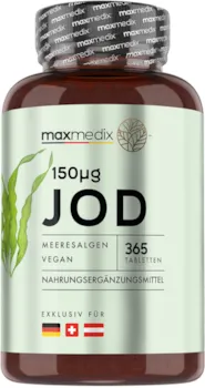 Produktbild von MaxMedix Jod Tabletten 150µg 365 Kelp Tabletten als Jahresvorrat Natürliches Jod aus Meeresalgen ohne Zusätze - Vegan & Geprüfte Mineralstoffe - 75mg Algen je Tablette - Sea Kelp Iodine