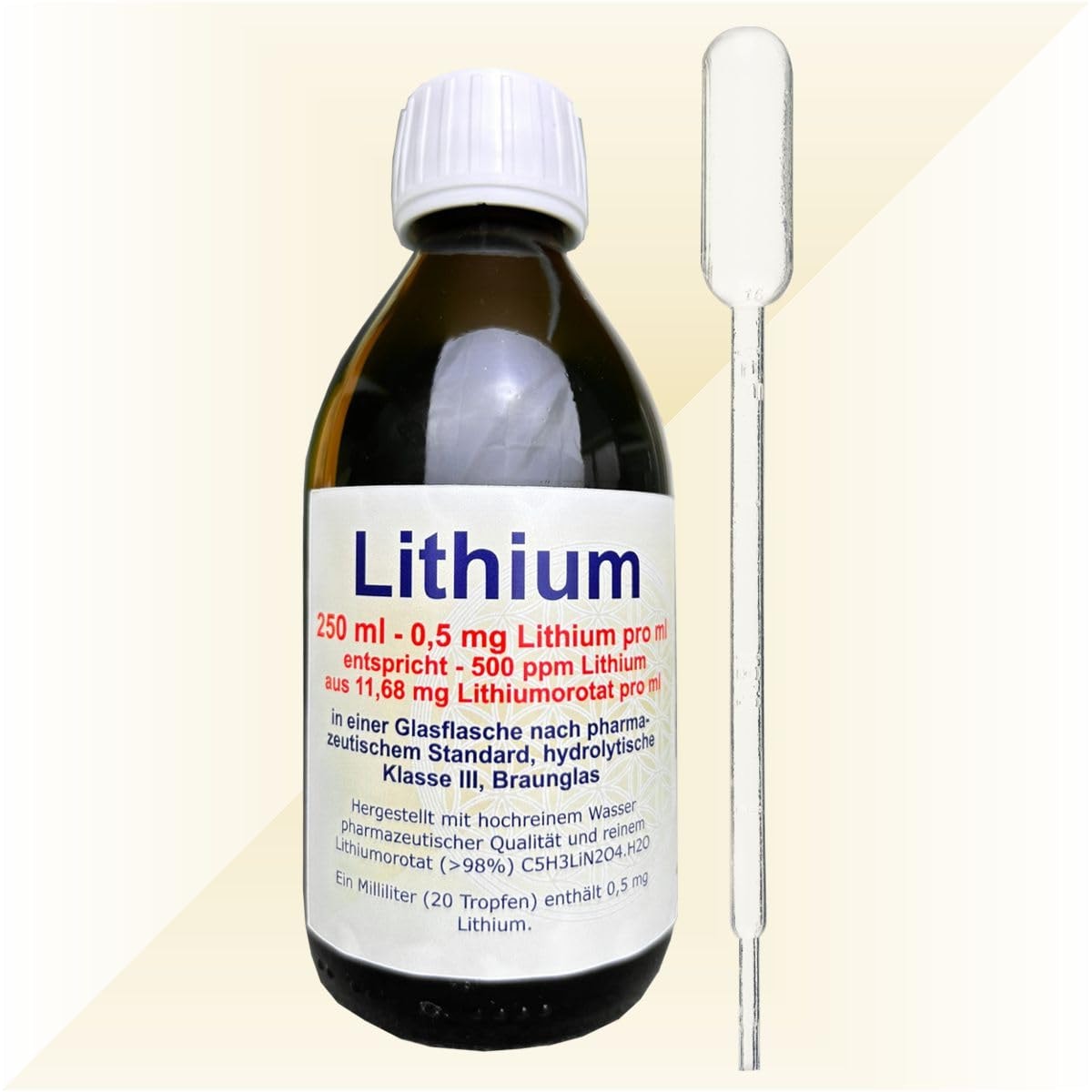 Produktbild von Bewertung Ittermann Lithium 1 ml Fertiglösung enthält 0,5 mg Lithium = 500 ppm, 250 ml-Fertiglösung aus hochgereinigtem Wasser pharmazeutische Qualität und reinem Lithiumorotat Reinheit größer 98% für Laborzwecke
