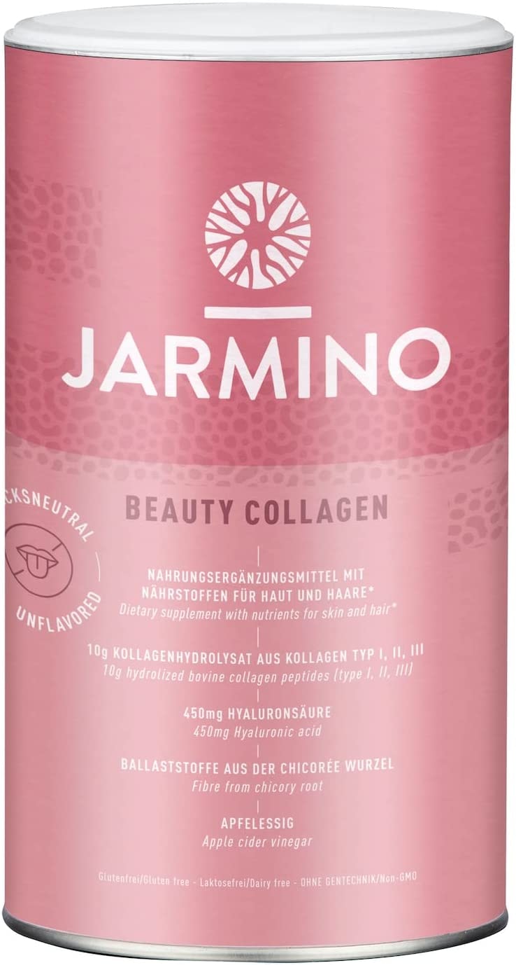 Produktbild von Bewertung JARMINO Collagen Peptide mit Hyaluronsäure Vitamin C Biotin Zink Kollagen Hydrolysat Pulver Beauty Glow Collagen für schöne Haut, Haare, Nägel | 450g – Made in Germany