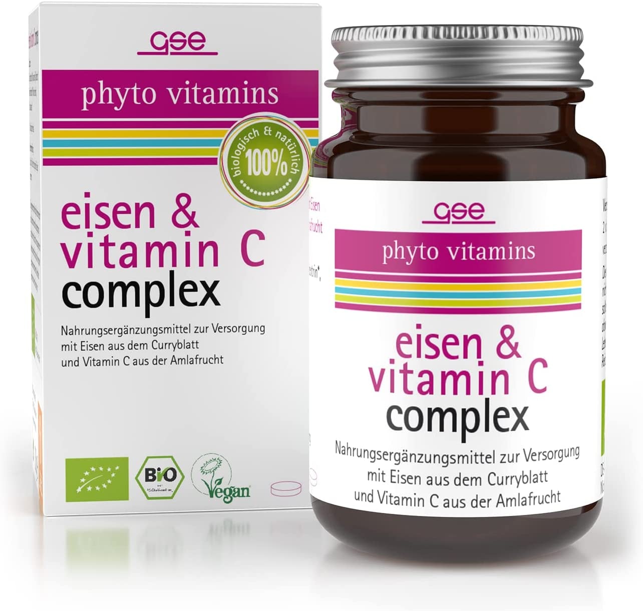 Produktbild von Bewertung GSE Eisen & Vitamin C Complex Tabletten, 60 Stück, Vitamin C in Bio-Qualität aus dem Curryblatt, 100% vegan und ohne Zusatzstoffe