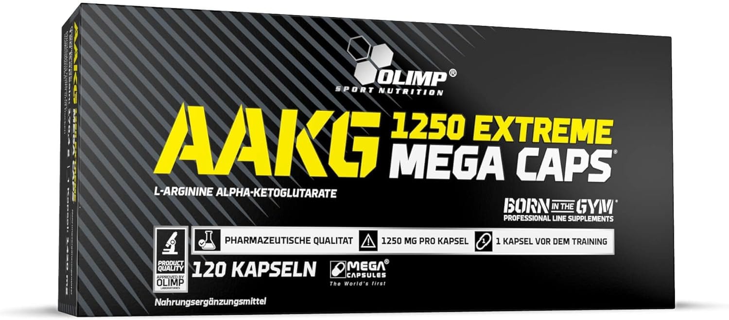 Produktbild von Bewertung OLIMP SPORT NUTRITION AAKG Extreme Mega Caps 120 Kapseln. Enthält L-Arginin Alpha-Ketoglutarat AAKG 170,4 g Dose