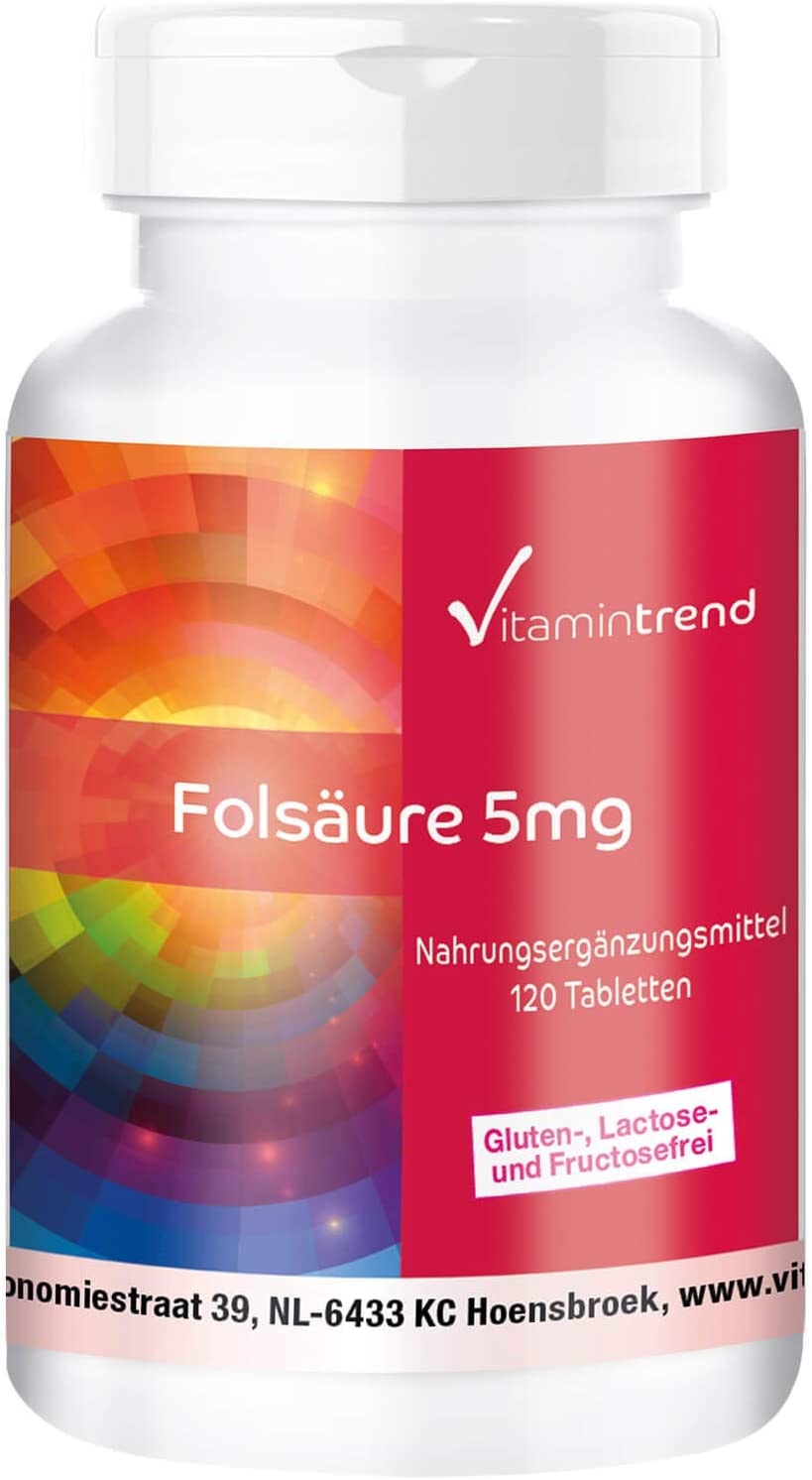 Produktbild von Vitamintrend - Folsäure 5mg - 120 vegane Tabletten - Vitamin B9 - Hochdosiert - Folic Acid