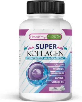 Produktbild von Healthy FUSION Kollagen Hydrolysat Kapseln Meereskollagen 3800mg Gesunde und mit Feuchtigkeit versehene Haut Schützt und erleichtert Schmerzen der Gelenke, Muskeln und Knochen | 180 tabletten