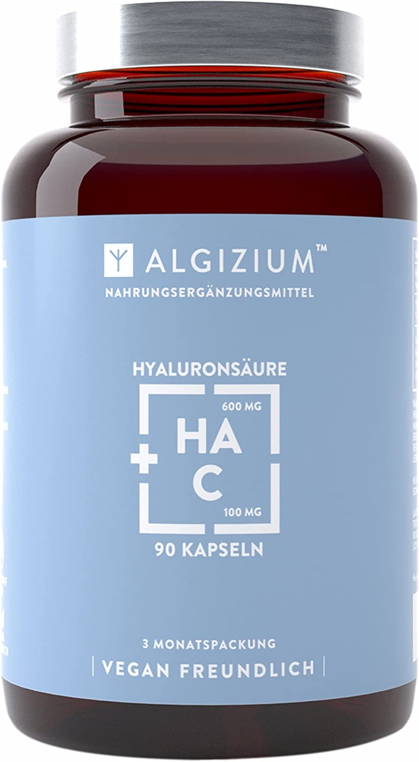 Produktbild von ALGIZIUM - Hyaluronsäure Kapseln – 90 vegane Kapseln mit 600mg hochdosierte Hyaluronsäure und zusätzlichen 100 mg Vitamin C (3 Monatspackung) - ohne synthetische Zusatzstoffe - hergestellt von Algizium in der EU