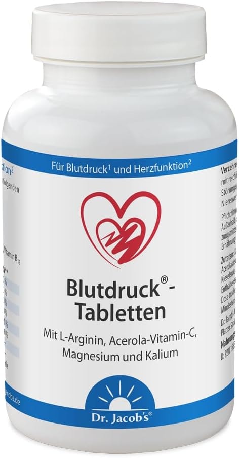 Produktbild von Bewertung Dr. Jacobs Blutdruck Tabletten 126 g für normalen Blutdruck, Herz und Gefäße mit pflanzlichem L-Arginin 1200 mg pro Portion mit Magnesium, Kalium, Acerola-Vitamin C, B1, B12