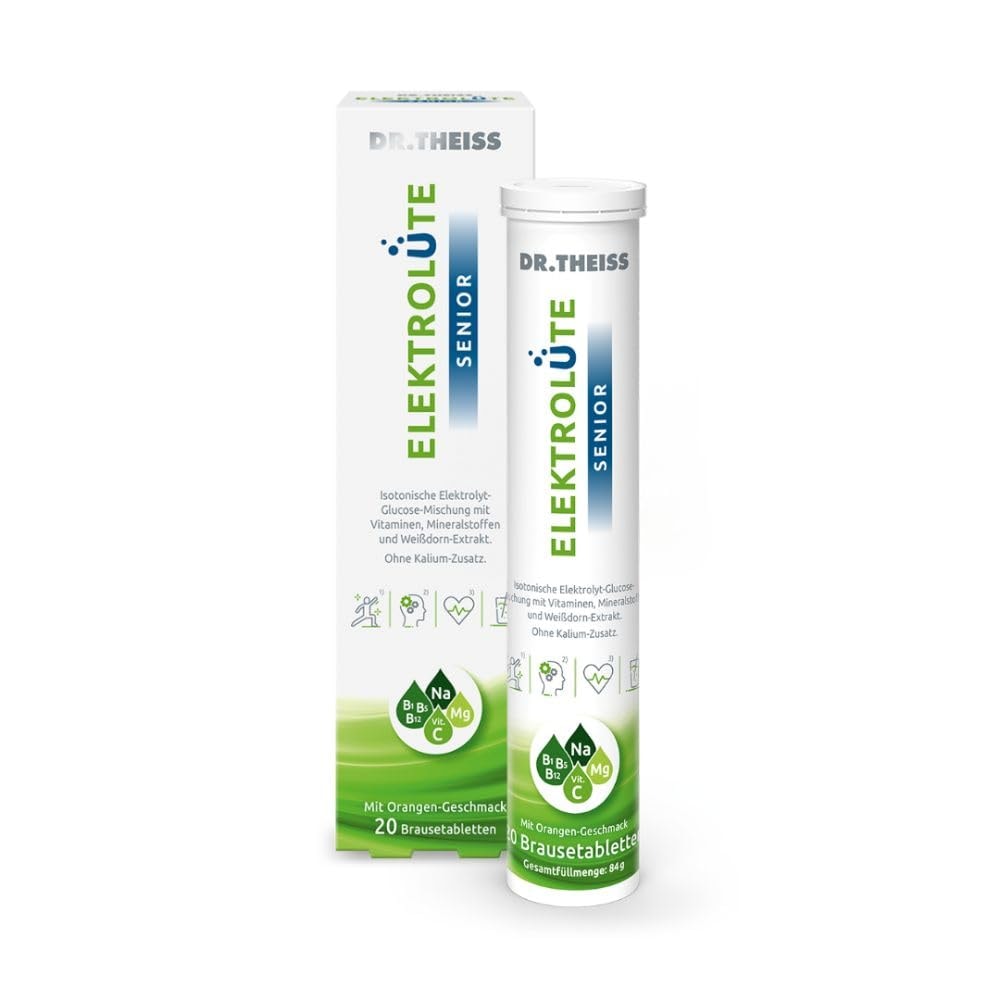 Produktbild von Bewertung Dr. Theiss Elektrolüte Senior Isotonische Elektrolyt Glucose Mischung ohne Kalium Zusatz mit Vitaminen Mineralstoffen und Weißdorn Extrakt 20 Brausetabletten mit Orangen-Geschmack
