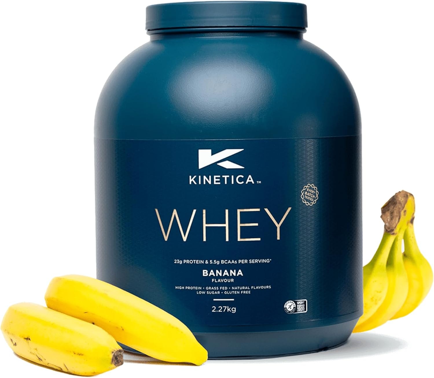 Produktbild von Expertenbewertung Kinetica Whey Protein Pulver Banane 2,27kg, Whey Protein, 23g Protein, 76 Portionen inkl. gratis Messbecher, Eiweißpulver, Whey Protein Pulver aus EU Weidehaltung, Super Löslichkeit u. reiner Geschmack