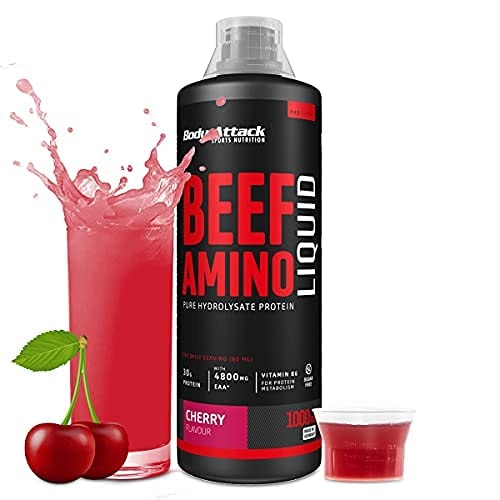 Produktbild von Bewertung Body Attack Beef Amino Cherry, 1000ml Made in Germany fruchtig leckere & flüssige Protein Quelle, 30g Protein pro Tagesration, hochdosierte Aminosäuren vom Rind, 4800mg EAA & 2100 mg BCAA