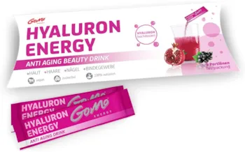 Produktbild von Bewertung GoMo ENERGY Anti Aging Beauty Hyaluron Drink 400mg vegane Hyaluronsäure Zink Magnesium hochdosierte B-Vitamine Vitamin C Straffe Haut stabile Nägel festes Bindegewebe 5 Portionen