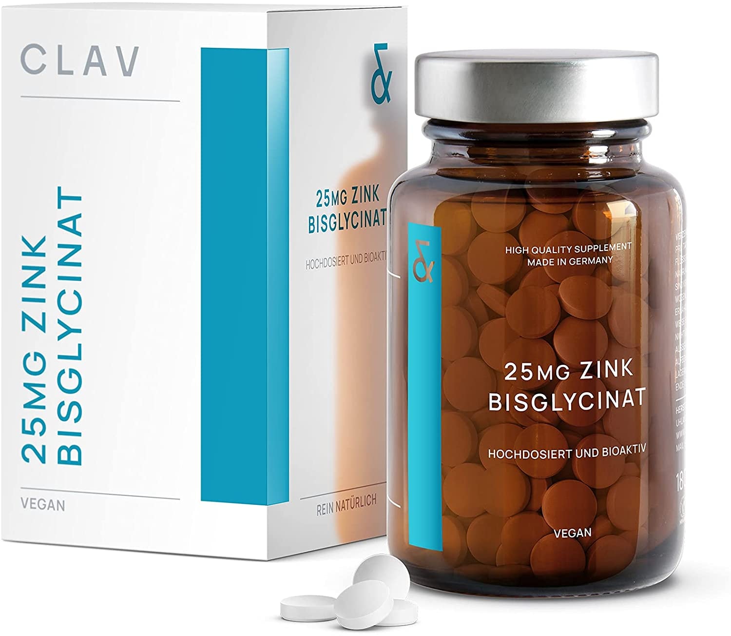 Produktbild von CLAV - Zink 25mg Vegan | 180 Zink-Tabletten (6 Monate) | Premium Zink-Bisglycinat hochdosiert | Unterstützt dein Immunsystem | Höchste Bioverfügbarkeit + Laborgeprüfte Herstellung in Deutschland