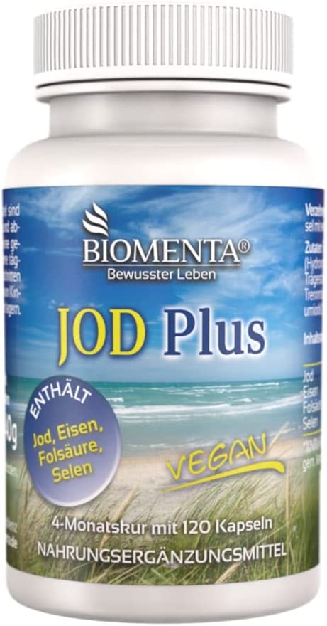 Produktbild von BIOMENTA Jod Plus – mit Jod, Selen, Folsäure, Eisen - 4 Monatskur – vegan - 120 Jod Tabletten -vegan + hochdosiert