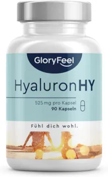GloryFeel - Hyaluronsäure Kapseln - Hochdosiert mit 525mg - 500-700 kDa - 90 vegane Kapseln - Laborgeprüft, vegan und ohne Zusätze in Deutschland hergestellt