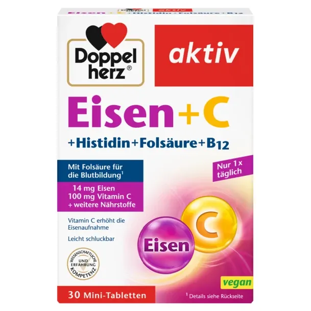 Produktbild von Bewertung Doppelherz Eisen mit Vitamin C und Histidin mit Folsäure und Vitamin B12 - Folsäure als Beitrag für die normale Blutbildung - Vitamin C erhöht die Eisenaufnahme - 120 leicht schluckbare Mini-Tabletten PZN 18710535