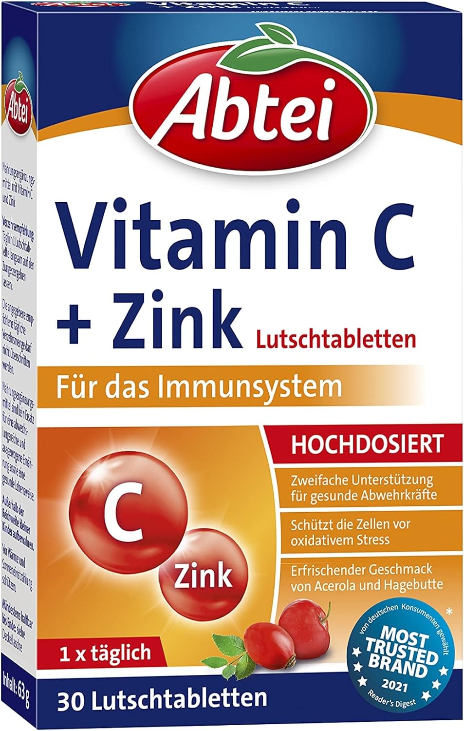 Produktbild von Bewertung Abtei Vitamin C + Zink wertvolles Vitaminpräparat zum Lutschen zur Unterstützung der Abwehrkräfte und des Zellschutzes glutenfrei vegan