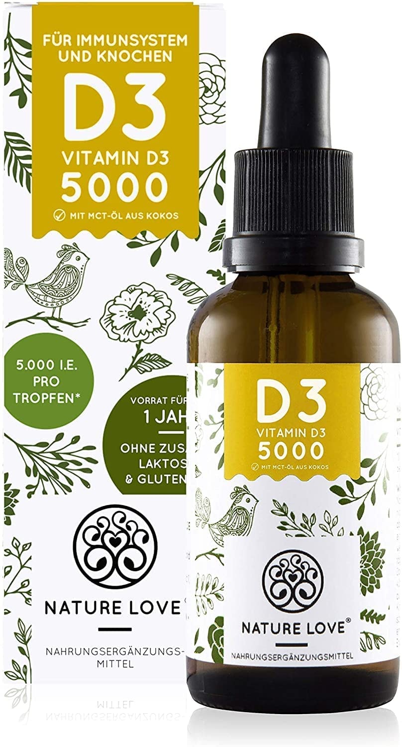 NATURE LOVE Vitamin D3 5000 (50ml flüssig) Laborgeprüfte 5000 I.E. pro Tropfen Hochwertig: sehr hohe Stabilität - Hochdosiert, in Deutschland produziert