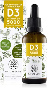 Produktbild von NATURE LOVE Vitamin D3 5000 (50ml flüssig) Laborgeprüfte 5000 I.E. pro Tropfen Hochwertig: sehr hohe Stabilität - Hochdosiert, in Deutschland produziert