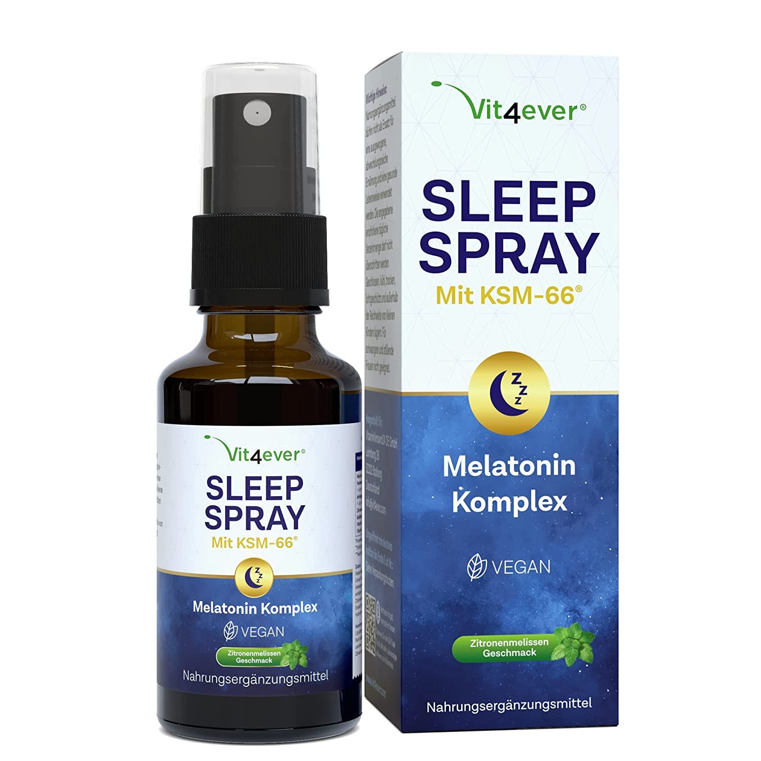 Produktbild von Vit4ever Sleep Spray 50 ml - Melatonin Komplex mit Ashwagandha Extrakt (KSM-66®), Passionsblume, Zitronenmelisse, Baldrian, Vitamin B6 & Vitamin B1 - Ohne Alkohol - Vegan - Zitronenmelisse Geschmack - schlaf - JetLeg