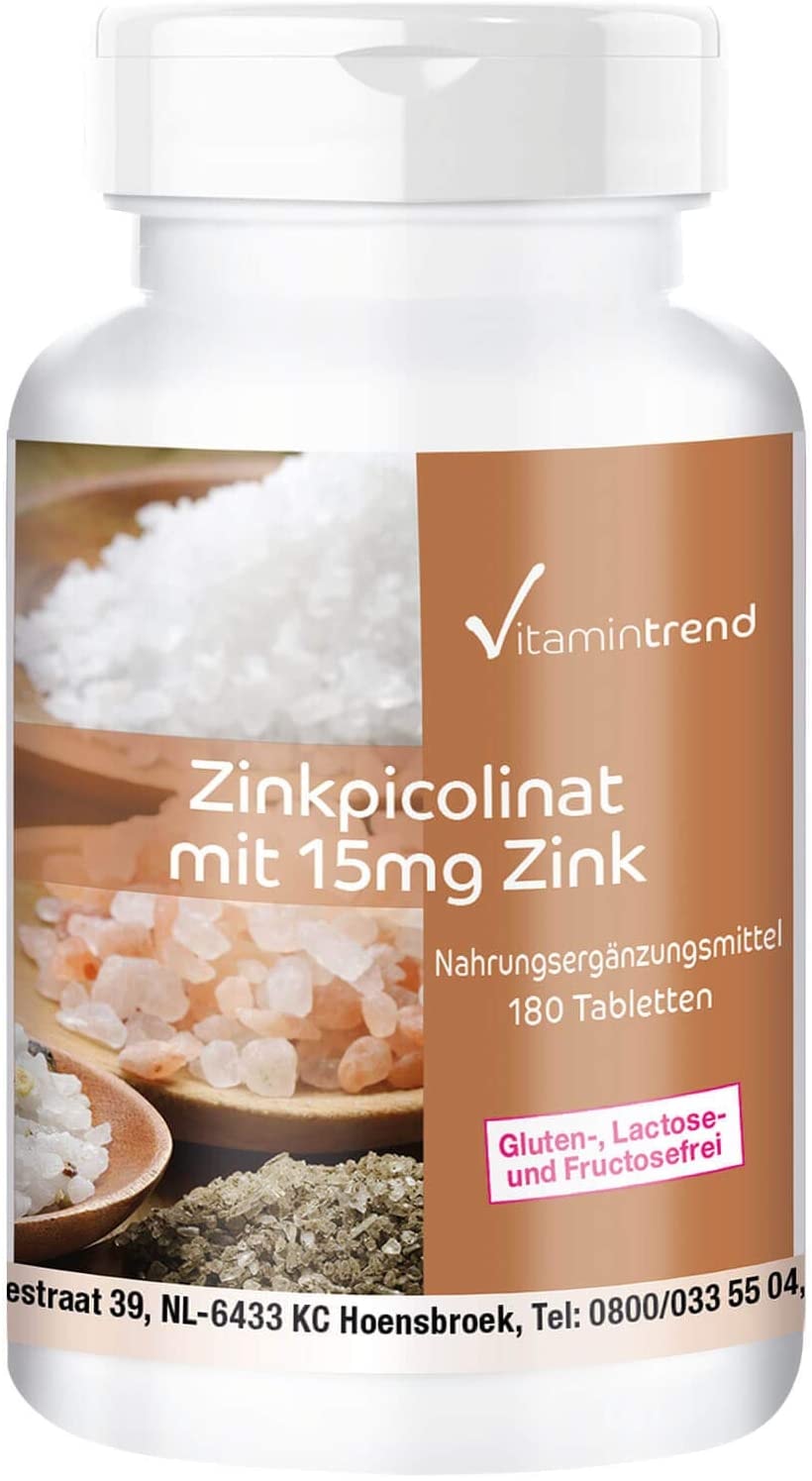 Produktbild von Vitamintrend Zink 15mg aus Zinkpicolinat - 180 vegane Tabletten - essentielles Spurenelement