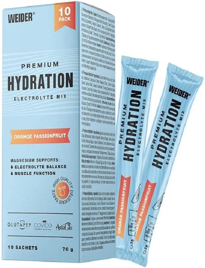 Produktbild von Bewertung WEIDER Premium Hydration Elektrolyt Pulver für Elektrolyte Plus Sport Getränk ohne Zucker Mineralstoff Reload nach Sport oder bei Kater erfrischender Orange Maracuja Geschmack Vegan