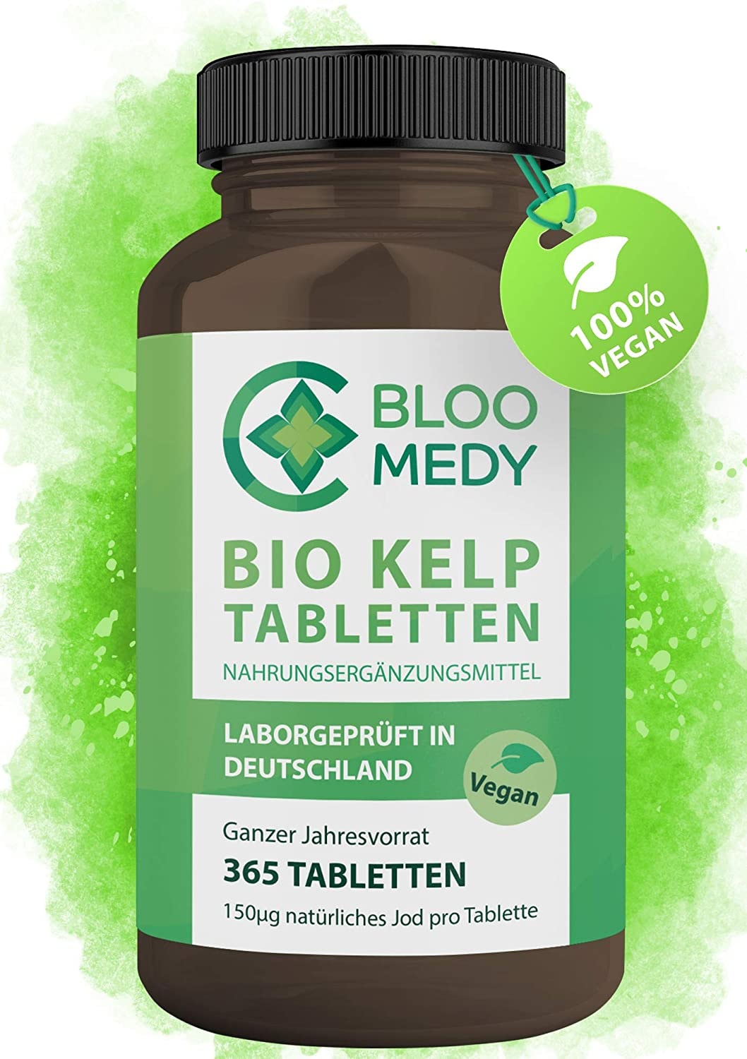 Produktbild von BLOOMEDY - Bio Kelp Jod – 365 vegane Tabletten – 150µg natürliches Jod – Bio Braunalgen aus Frankreich – Laborgeprüft in Deutschland – Premium Sea Kelp Jahresvorrat – Jod Tabletten hochdosiert ohne Zusatzstoffe
