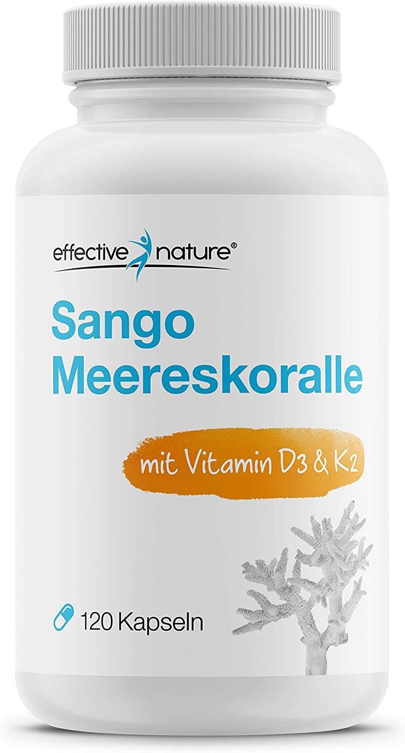 Produktbild von effective nature - Sango Meereskoralle + Vitamin D3 & K2-120 Kapseln - Mit Calcium & Magnesium im optimalen Verhältnis 2:1 - hochdosiert & vegan - Nahrungsergänzung für Knochen & Säure-Base-Haushalt
