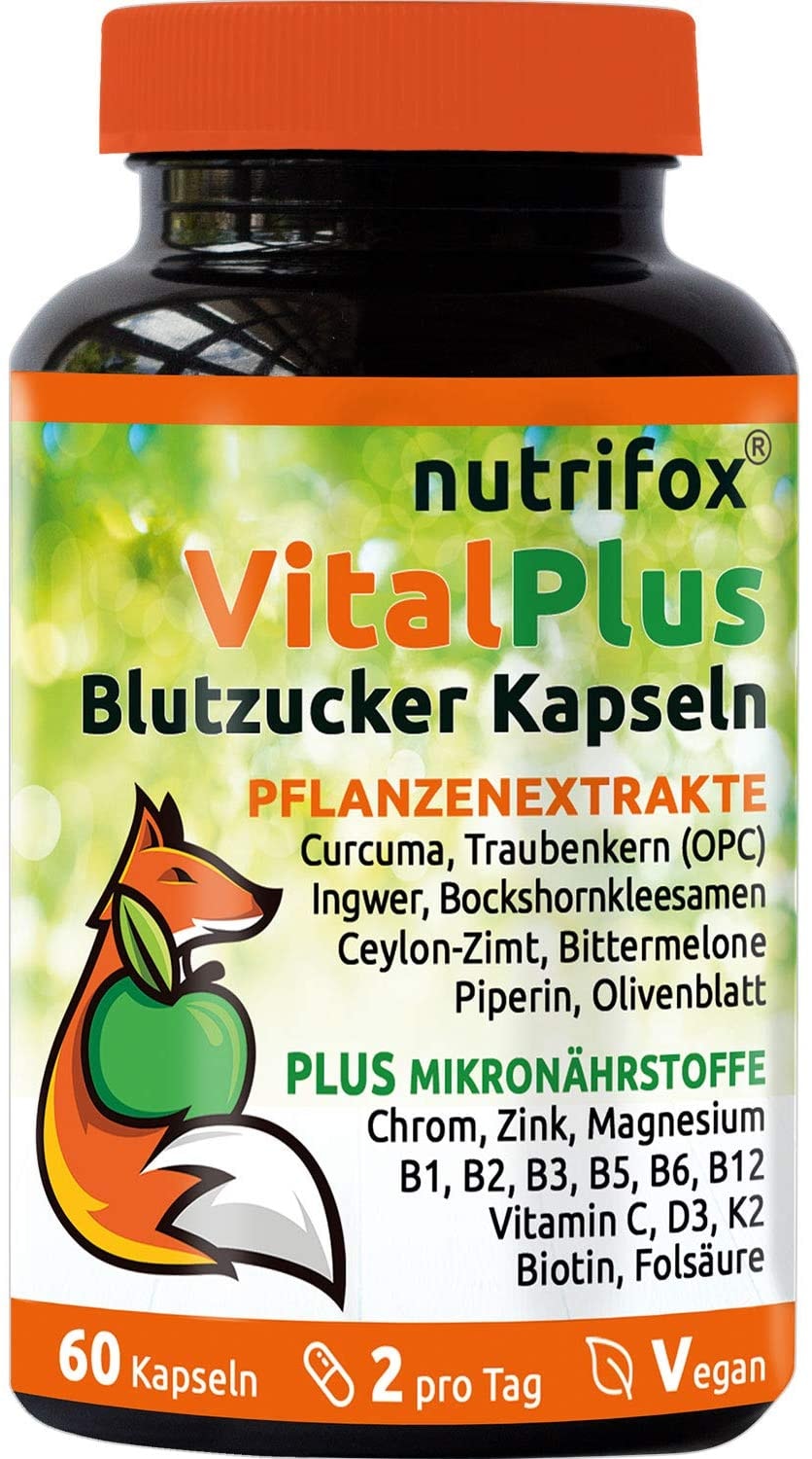 Produktbild von nutrifox 60 Blutzucker Kapseln Vital diabetikergeeignet Plus 22 Pflanzenextrakte, Multivitamine & Mineralien (z.B. Kurkuma, Ingwer, Ceylon-Zimt, OPC, Bockshornkleesamen, Bittermelone, Chrom, Zink, Vitamin B-Komplex), vegan