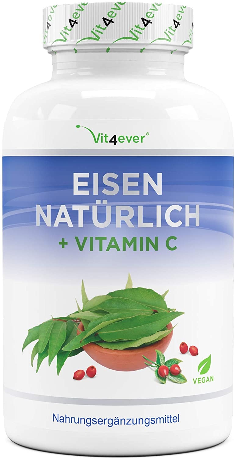 Produktbild von Vit4ever Natürliches Eisen Vitamin C aus Curryblatt-Extrakt & Hagebutte-Extrakt - 180 Kapseln (3-6 Monatsvorrat) - 28 mg reines Eisen & 160 mg Vitamin C pro Tagesportion - Laborgeprüft - Vegan - Hochdosiert