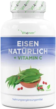 Produktbild von Vit4ever Natürliches Eisen Vitamin C aus Curryblatt-Extrakt & Hagebutte-Extrakt - 180 Kapseln (3-6 Monatsvorrat) - 28 mg reines Eisen & 160 mg Vitamin C pro Tagesportion - Laborgeprüft - Vegan - Hochdosiert