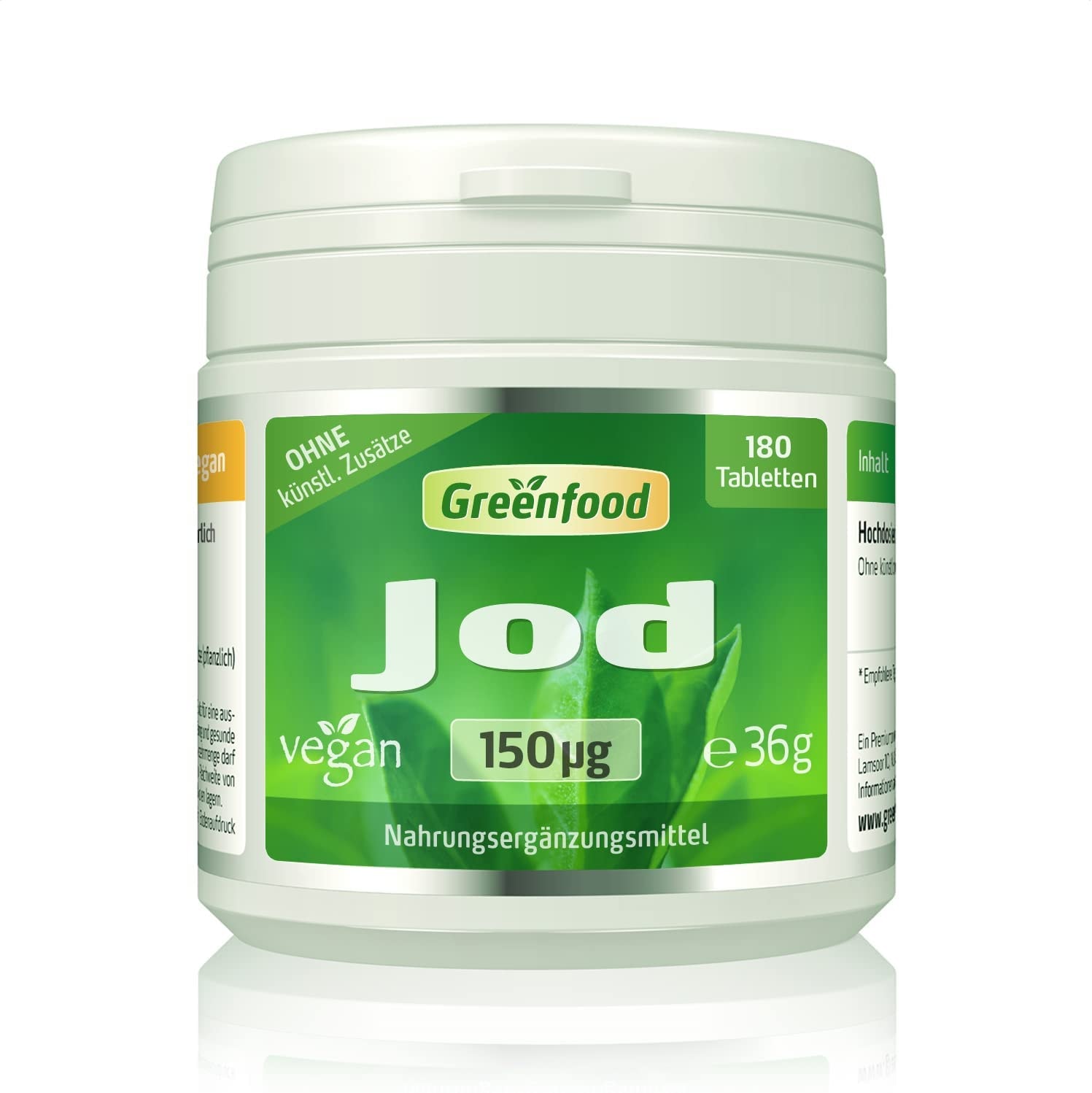 Greenfood - Jod, 150 µg, normaler Tagesbedarf, 180 Tabletten, vegan - wichtig für eine normale Schilddrüsenfunktion, Hormonhaushalt und Nervensystem. OHNE künstliche Zusätze. Ohne Gentechnik.