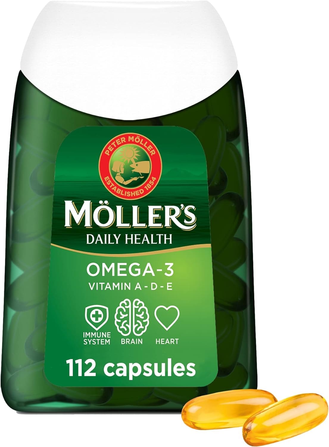 Produktbild von Bewertung Möller’s Fischöl Omega 3 Kapseln mit EPA DHA Vitamin A Vitamin D und Vitamin E - Fischöl aus Skandinavische Omega 3 Nahrungsergänzungsmittel 166 Jahre alte Marke Gesundheit für jeden Tag 112 omega-3 Kapseln