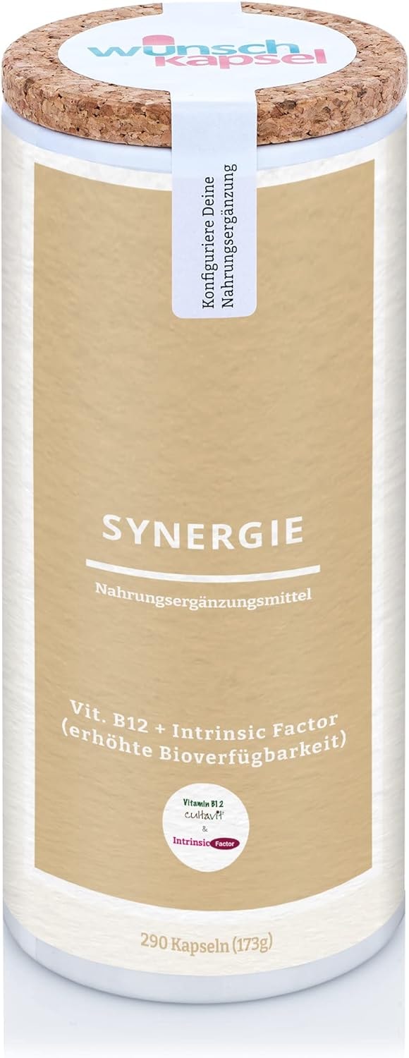 Produktbild von Bewertung Wunschkapsel SYNERGIE aus B12 und IF exklusiver Intrinsic Factor mit natürlichem Vitamin B12  290 vegane Kapseln mit erhöhter Bioverfügbarkeit von Cobalamin
