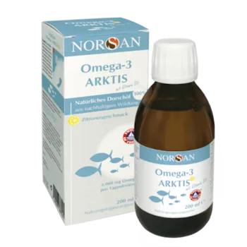 NORSAN Premium Omega 3 Arktis Dorschöl 200ml EPA DHA hochdosiert mit Vitamin D3 Vitamin A Vitamin E - 2.000mg Omega 3 pro Portion mit Zitronengeschmack