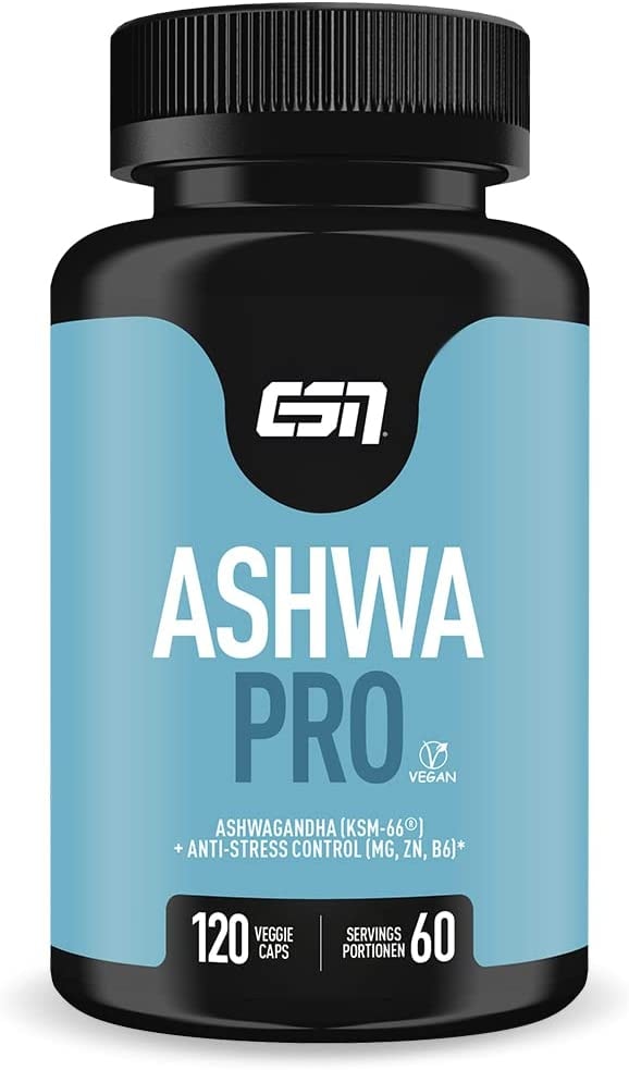 Produktbild von Bewertung ESN Ashwa patentierter Ashwagandha Wurzelextrakt KSM-66®, 120 Kapseln, indische Schlafbeere, mit Magnesium, Vitamin B6 & Zink, vegan