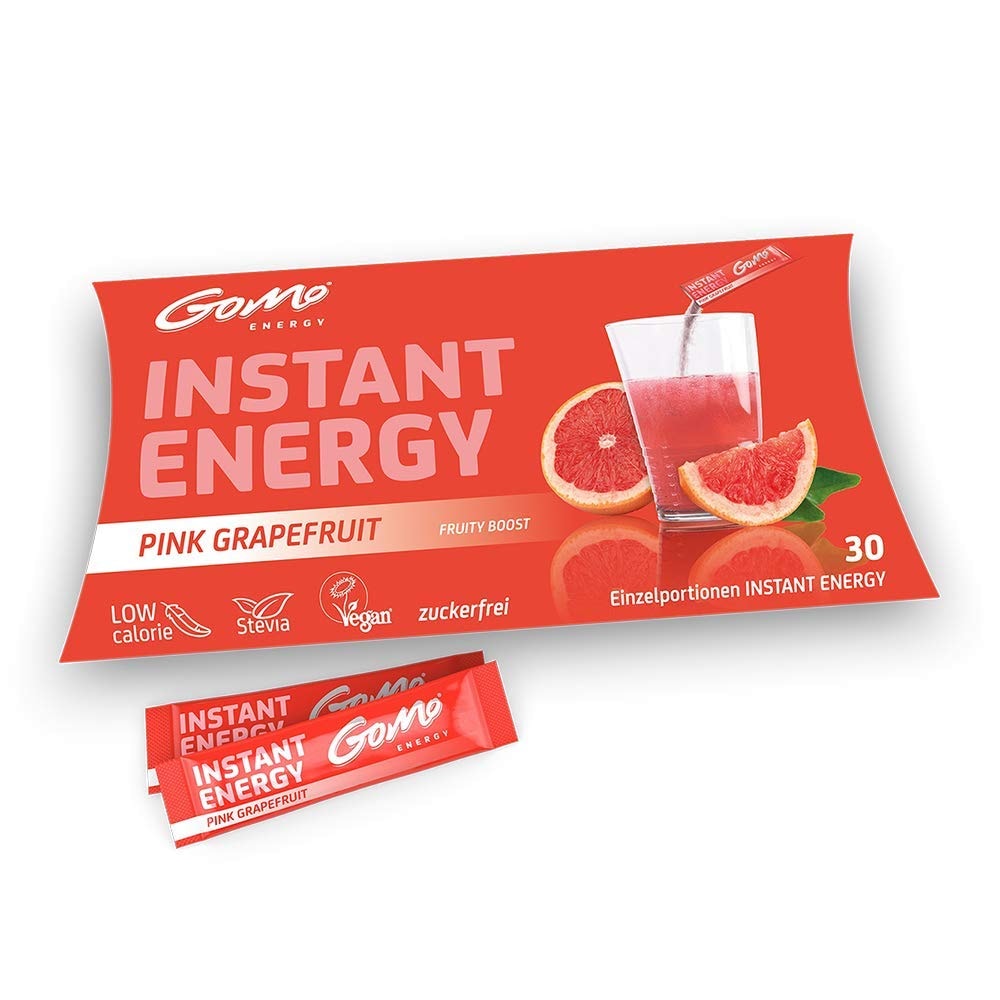 Produktbild von Bewertung GoMo ENERGY Energie Getränkepulver zuckerfrei natürliches Grapefruit-Aroma Energy Boost mit 80mg Koffein Vitamin-B-Komplex hochdosiert Niacin für mehr Leistung PINK GRAPEFRUIT