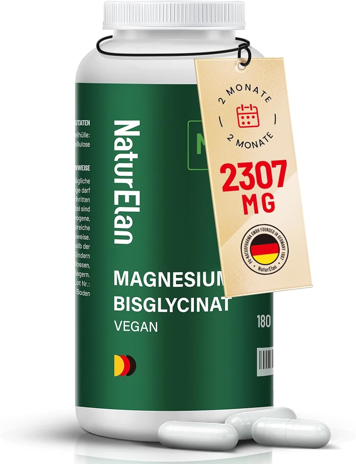 Produktbild von Bewertung NaturElan Magnesium Bisglycinat 180 Kapseln mit 300mg Magnesium pro Tagesdosis Vegan Premium Chelatiertes Magnesiumglycinat hochdosiert