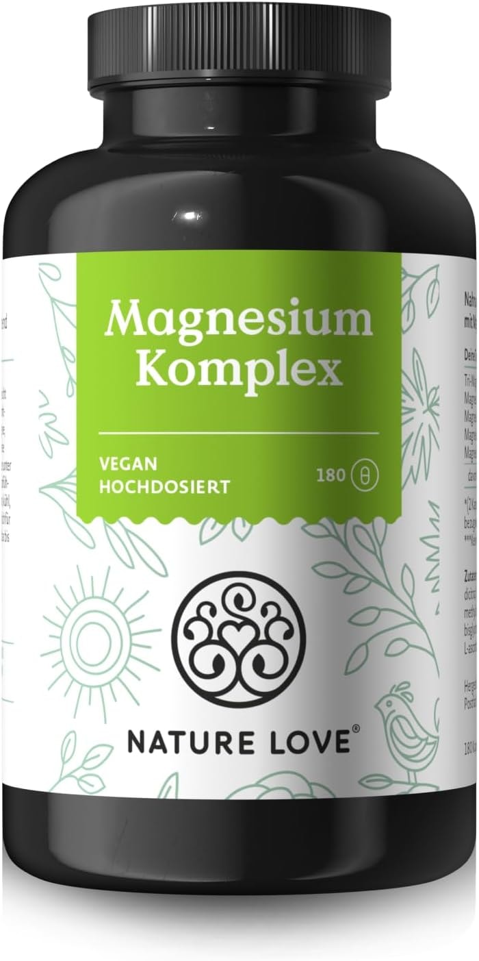Produktbild von NATURE LOVE Magnesium Komplex 400mg elementares Magnesium je Tagesdosis Magnesiumcitrat, Magnesiumoxid, Magnesiumbisglycinat, Magnesiummalat, Magnesiumscorbat. Vegan und hochdosiert