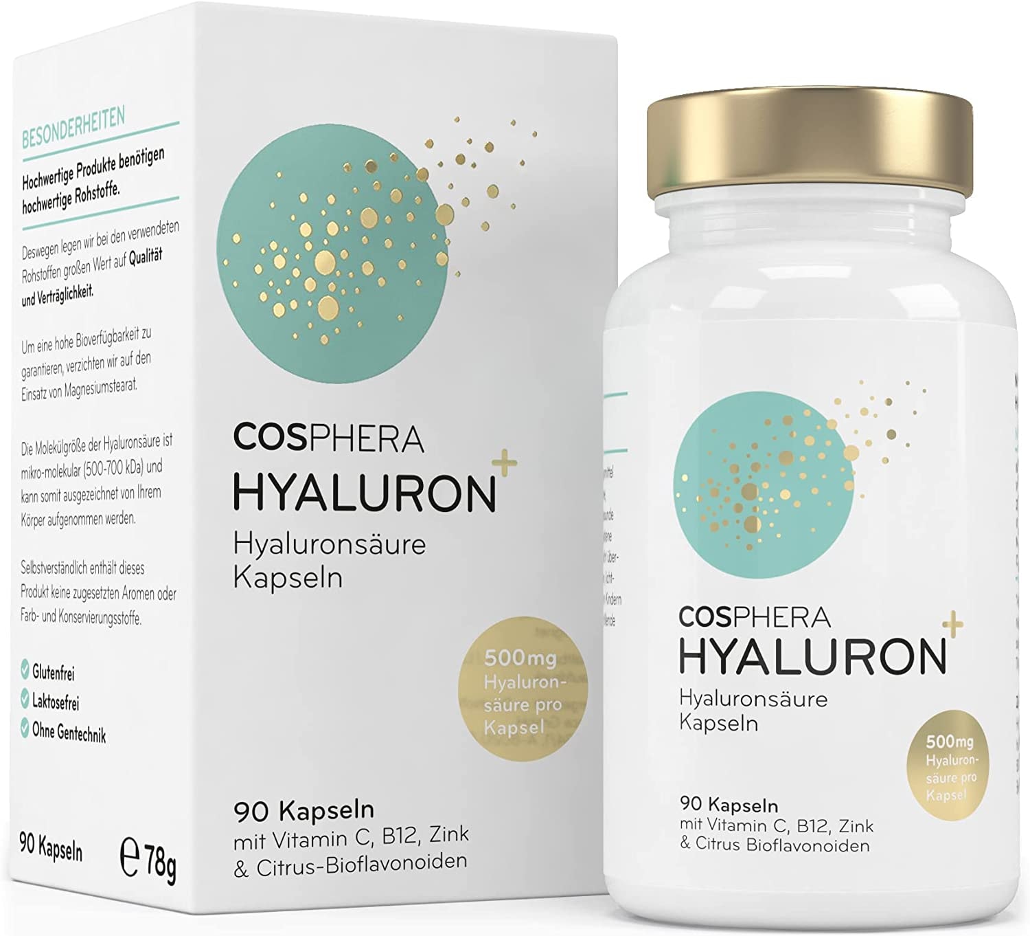 Produktbild von COSPHERA Hyaluronsäure Kapseln hochdosiert mit 500 mg pro Kapsel 90 vegane Hyaluron Kapseln im 3 Monatsvorrat 500-700 kDa Angereichert mit Zink als Beitrag zum Erhalt normaler Haut und Knochen.
