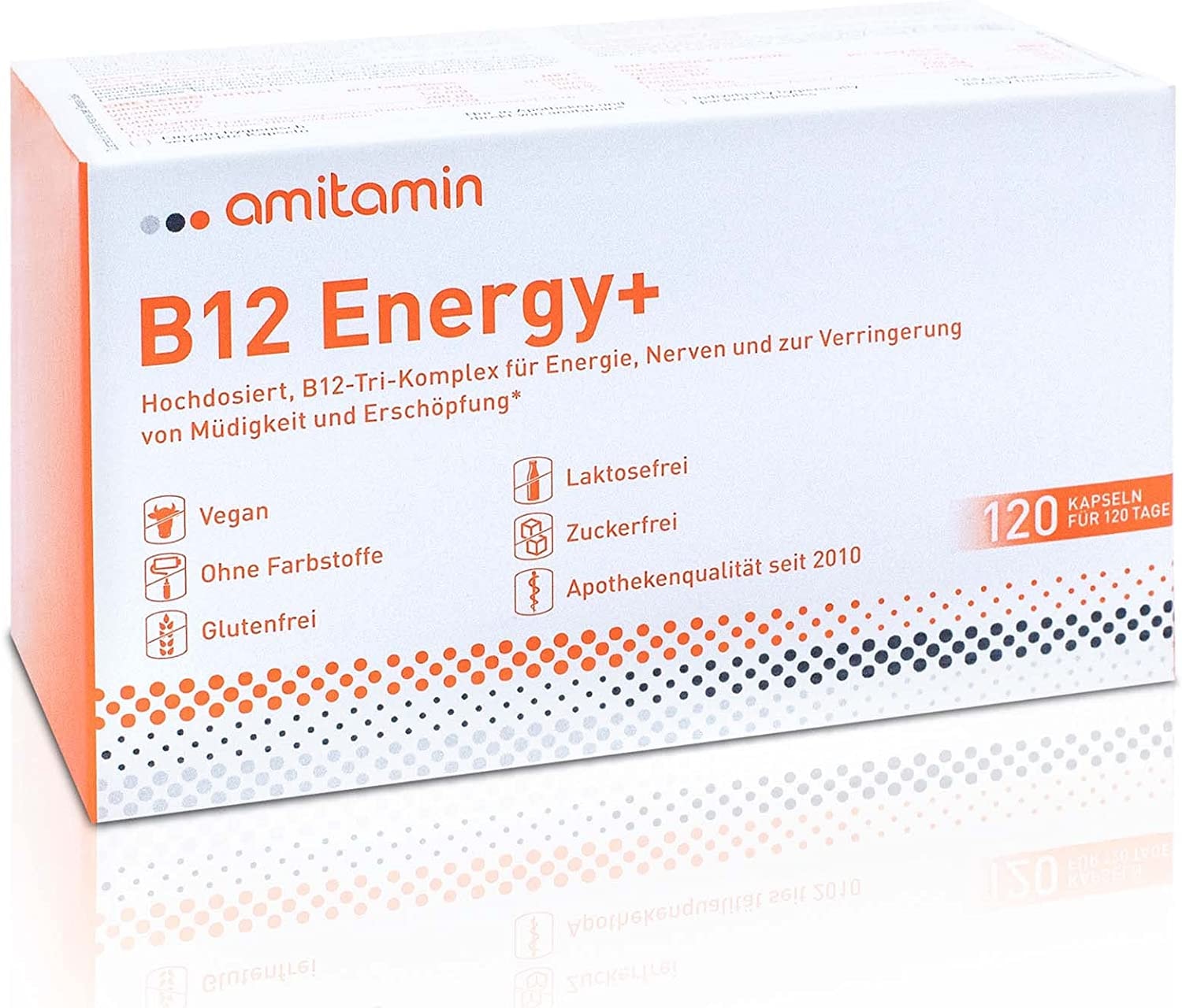 Produktbild von amitamin - Vitamin B12 Energie +, Apothekenqualität, 120 Kapseln für 4 Monate, hochdosiertes B12, B6 plus Folat von Quatrofolic und L-Glutamin, Vegan