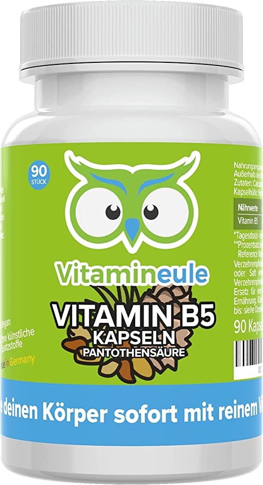 Produktbild von Vitamineule Vitamin B5 Kapseln - 250mg - hochdosiert - pflanzlich - Qualität aus Deutschland - vegan - laborgeprüft - ohne künstliche Zusätze - reine Pantothensäure - natürliches Calciumpantothenat - Vitamineule®