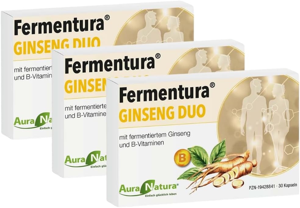 Produktbild von Bewertung Aura Natura Fermentura Ginseng Duo Kapseln Fermentierter Extrakt mit 3 verschiedenen Ginseng Sorten Enthält Vitamin B2 B6 B12 90 Kapseln 3er Pack PZN 19428841