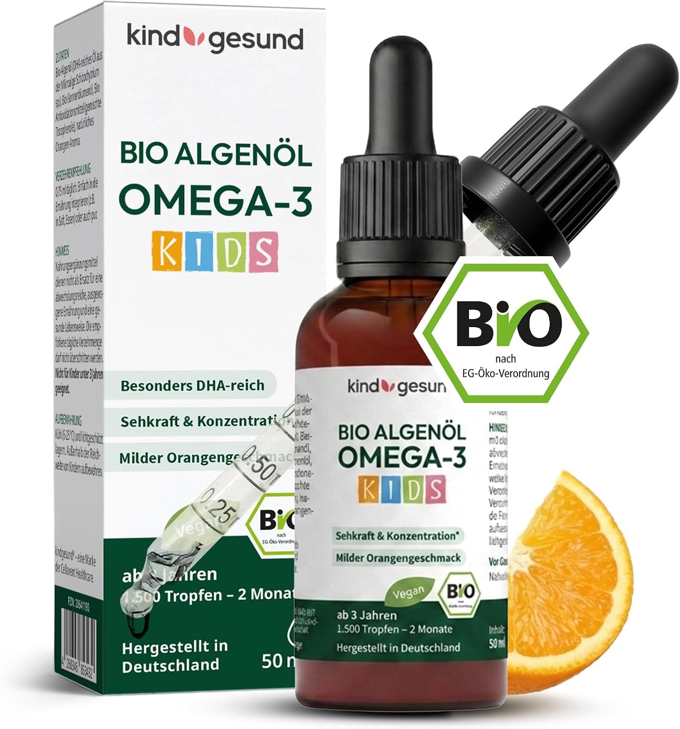 Produktbild von Bewertung kindgesund Bio Omega 3 Kinder Algenöltropfen - natürlicher Orangengeschmack - 349 mg DHA pro Tagesdosis - Vegan & nachhaltig 50 ml (66 Tage) Pipette für einfache Dosierung ab 3 Jahren